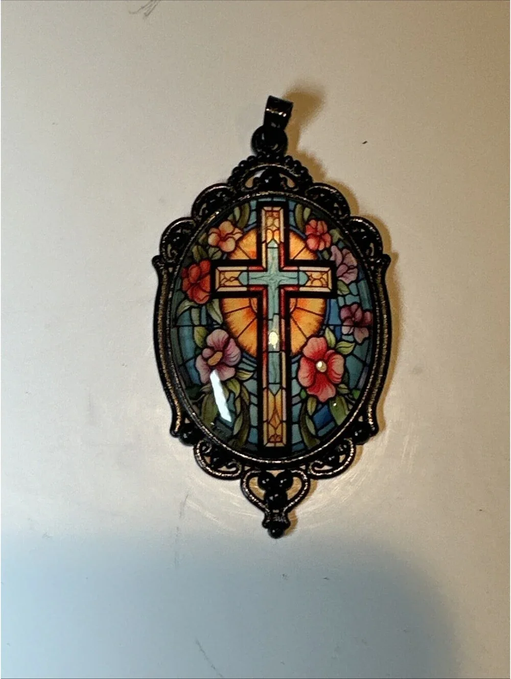 Breathtaking Oval Cross With Flowers Pendant Necklace - Brand New!